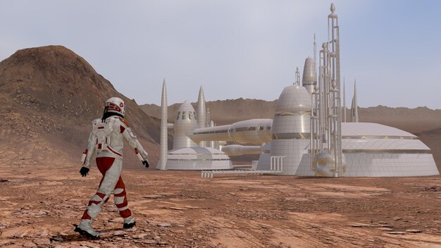 Photo astronaut wearing space suit walking on the surface of mars exploring mission to mars