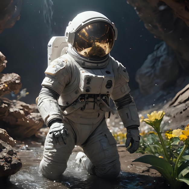 astronaut in a white space suit walking through a stream of water