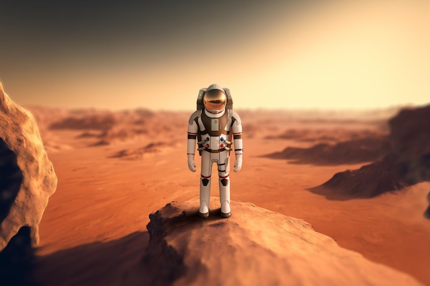 Astronaut in white spacesuit standing on the surface of Mars colonization of Mars settlement of the red planet expedition to Mars Copy space 3D illustration 3D rendering