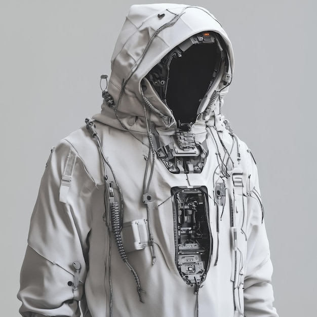 Photo astronaut in a white suit with a hood on a gray background