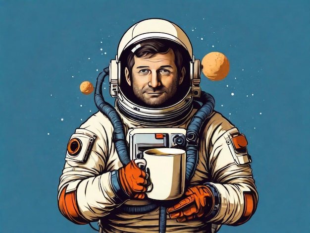 Astronaut with a cup of coffee in his hand Vector illustration