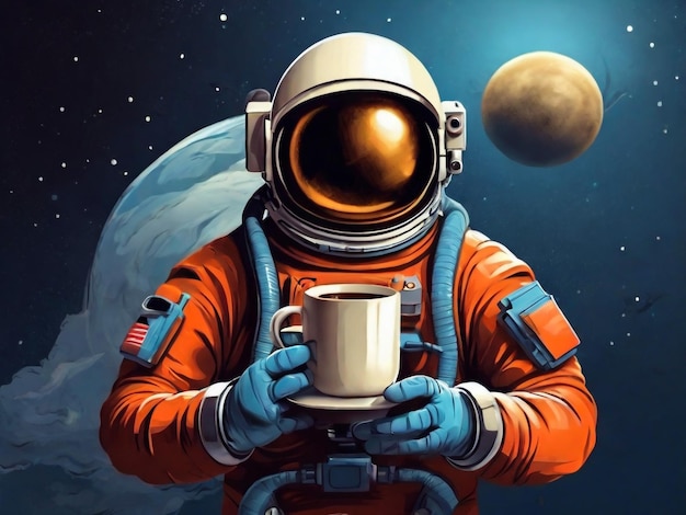 Astronaut with a cup of coffee in his hand Vector illustration