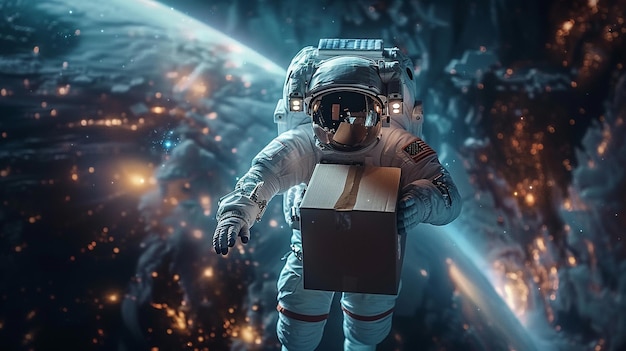 Astronaut with delivery cardboard box in space realistic photo Ai generated art