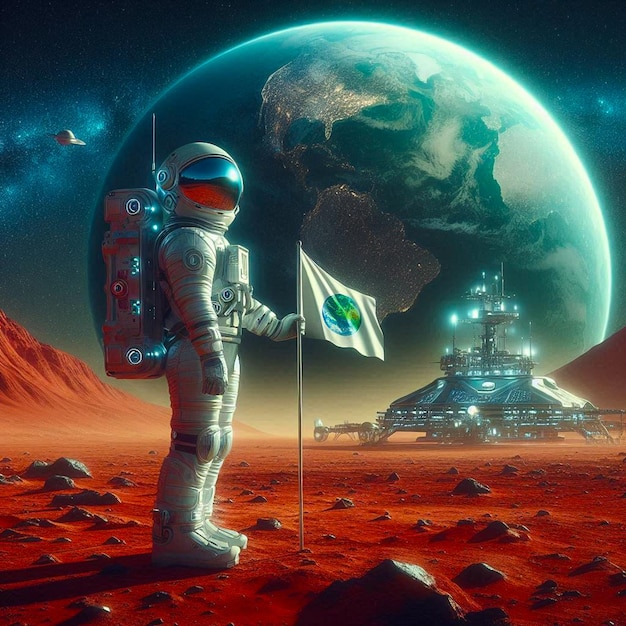 a astronaut with a flag on his back stands in front of a planet