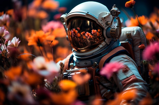 Astronaut with flower and spaceman in a blooming field