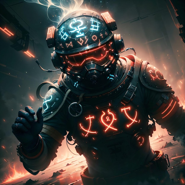 astronaut with glowing runes on it