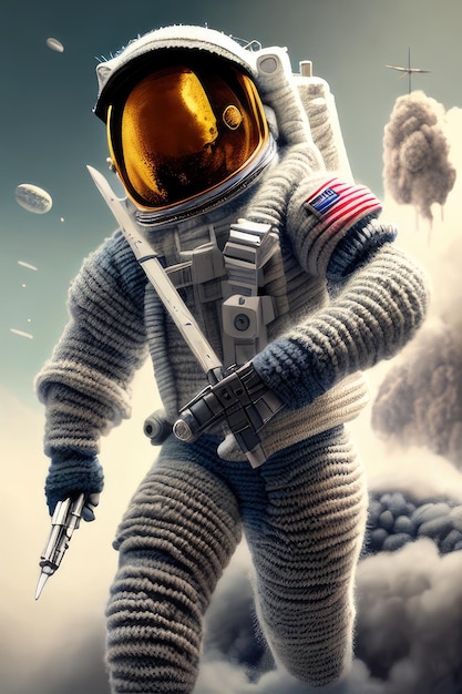 An astronaut with a gun and a planet in the background