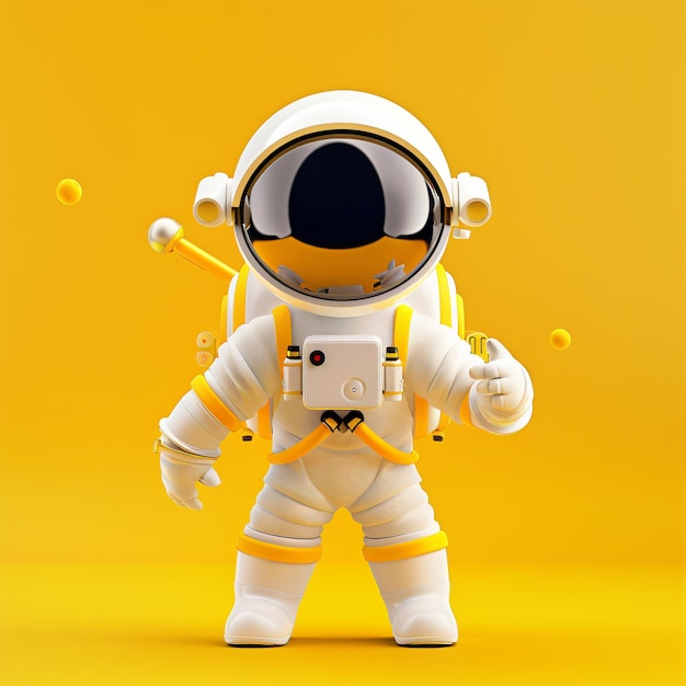 an astronaut with a helmet on and a yellow background