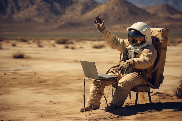 An astronaut with a laptop sits and works