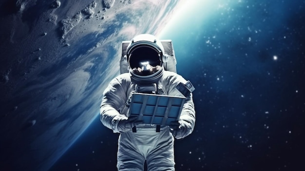 Astronaut with laptop standing on a lonely planet gazing out at the great universe gorgeous cosmos Generative AI