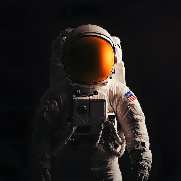 an astronaut with an orange lens and a yellow lens