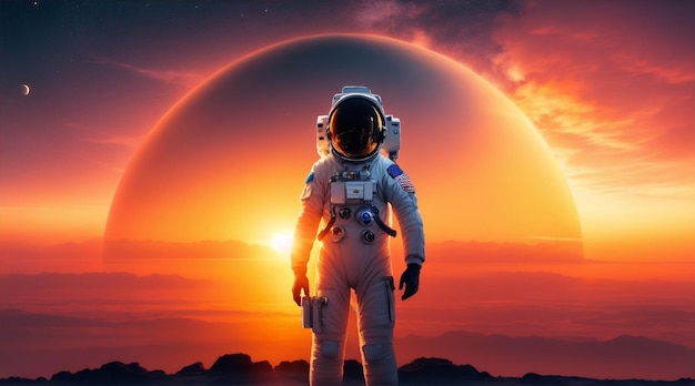 An astronaut with a planet and a sunset on the background Generative AI