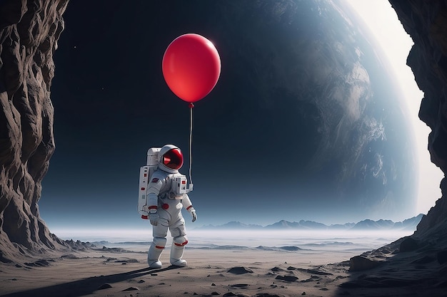 Astronaut with a red balloon in his hand generative ai