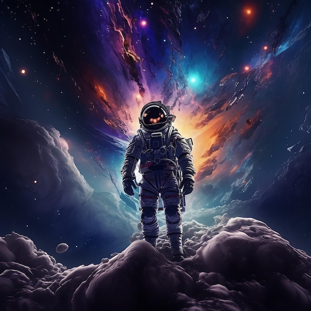 astronaut with stars planet and nebula in the background and a space helmet on