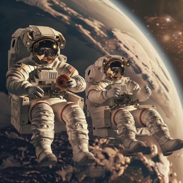 an astronaut and a woman are sitting in space one of them is wearing a space suit