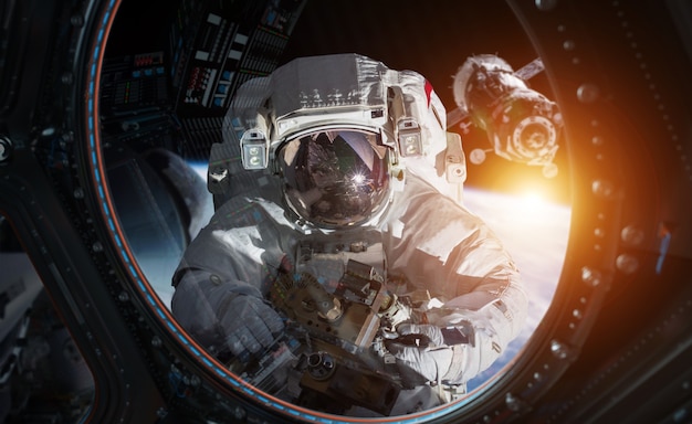 Astronaut working on a space station 3D rendering