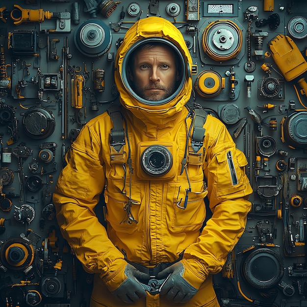 Photo astronaut in yellow suit and helmet stands against a backdrop of mechanical parts gears and devices