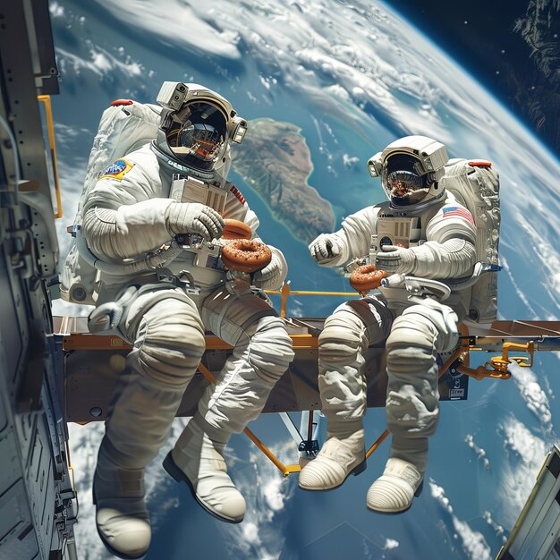 astronauts are sitting on a space shuttle with a space shuttle in the background