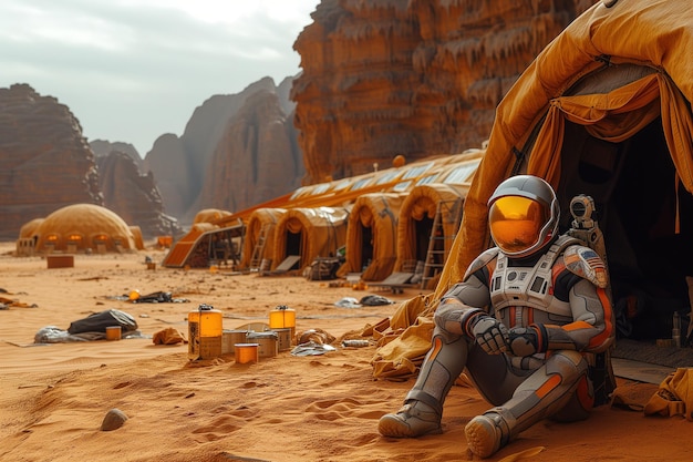 Photo astronauts building a human base on mars with habitats