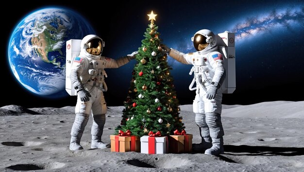 Photo astronauts celebrate christmas on the moon by decorating a tree