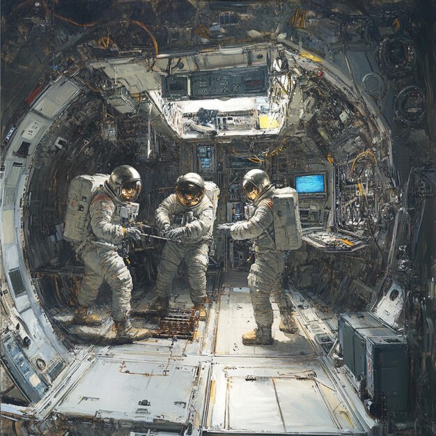 Photo astronauts conducting maintenance on advanced technology inside a space station