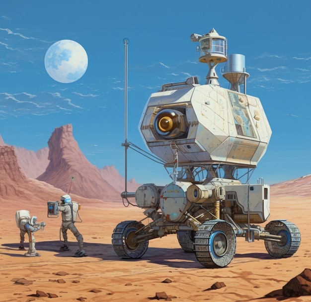 Astronauts on a desert surface with a rover in the background generative ai