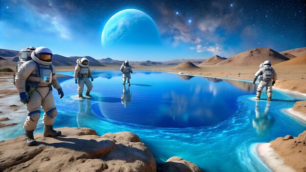 Photo astronauts discover blue liquid lake on unknown planet