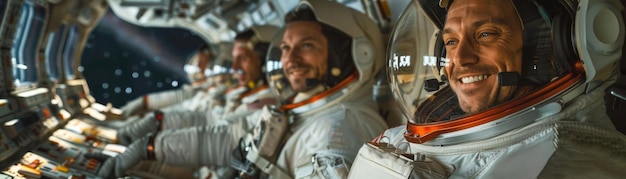 Astronauts Exercising Focus on astronauts exercising in a space station all smiling and looking at the camera with a space station background empty space right for text