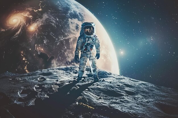 Astronauts explore space and other planets from the Moon s surface with Earth in the background