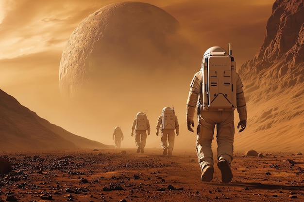 Astronauts exploring a desolate alien landscape on a distant planet