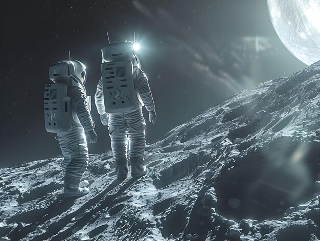 Astronauts exploring the lunar surface under a bright moonlight at night showcasing