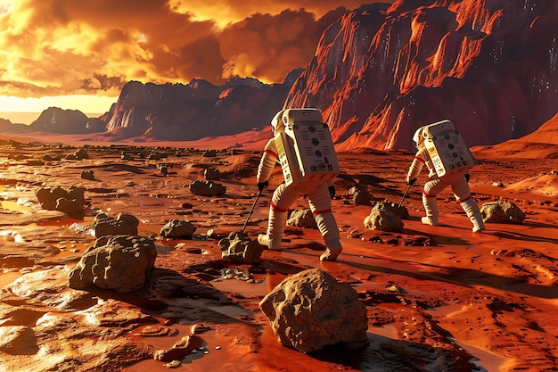 Photo astronauts exploring the martian landscape during sunset