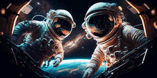 Astronauts floating in space with Earth in the background Generative AI