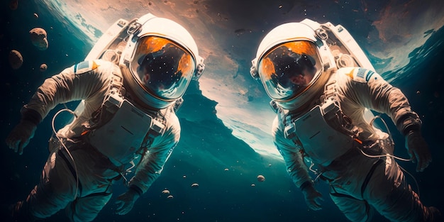 Astronauts floating in space with Earth in the background Generative AI