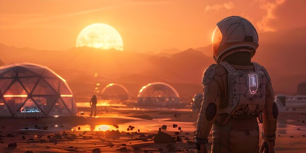 Photo astronauts in mars colony with geodesic domes and advanced technology at sunset concept mars colony astronauts geodesic domes advanced technology sunset