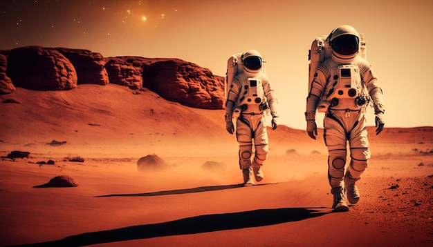 Astronauts on Mars spacemen walking on the red planet.