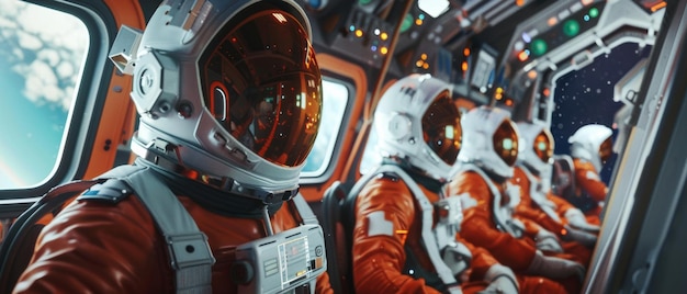 Astronauts in orange suits prepare for their mission in the interior of a spacecraft