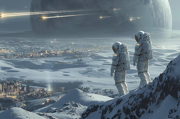 Astronauts Overlooking Futuristic City on Alien World