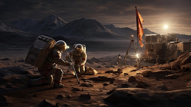 Astronauts planting the flag on a newly discovered planet