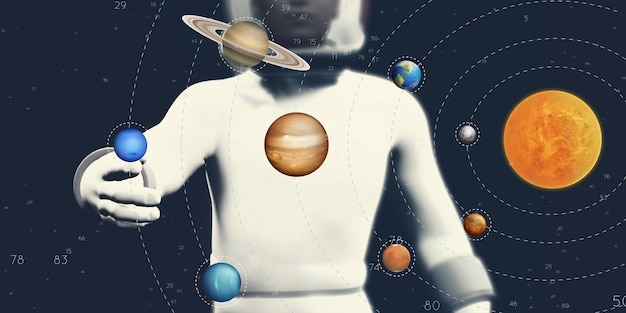 Astronauts and solar system planets and stars 3d illustration of