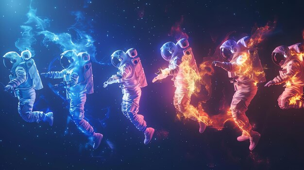 Astronauts in space suits float in a starry sky some engulfed in fire and others in blue energy