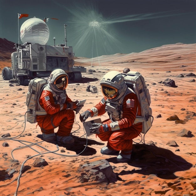 Astronauts on the surface of a desert with a satellite in the background generative ai