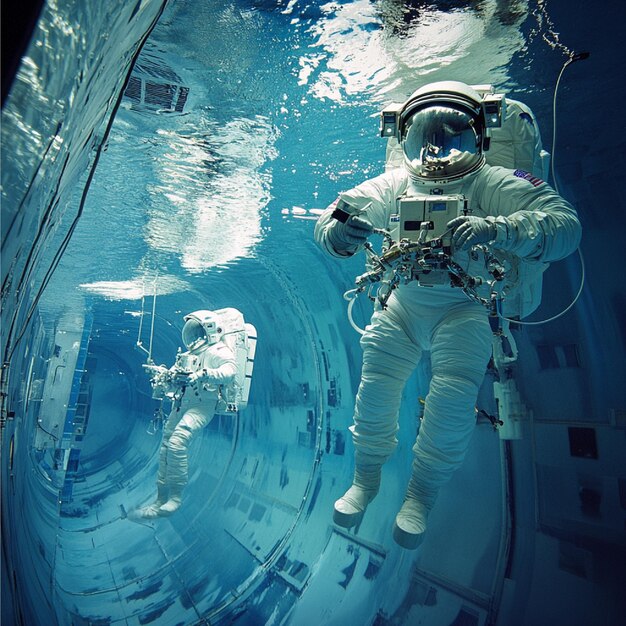 Photo astronauts undergoing a simulated spacewalk in a large water tank