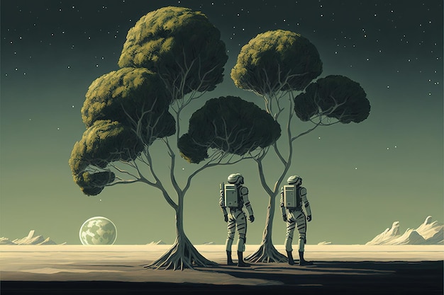 Photo astronauts walking on giant trees in alien planet digital art style illustration painting fantasy concept of a cosmonaut in alien planet