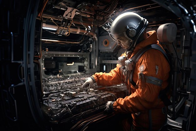 Photo astronauts with space helmets repair space stations in outer space