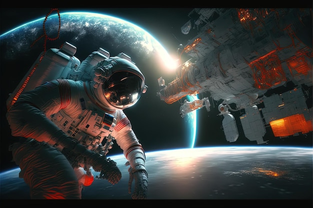 Astronauts working in space on space station futuristic technology Generative AI Generative AI