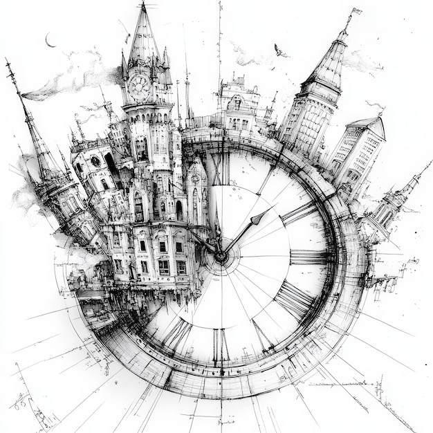 Astronomical clock in Prague Czech Republic Hand drawn sketch