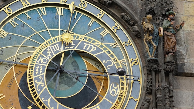 Astronomical Clock Tower detail in Old Town of Prague, Czech Republic. Astronomical clock was created in 1410 by the watchmaker Mikulas Kadan and mathematician-astronomer Jan Schindel.