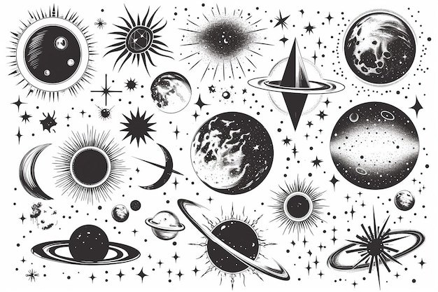 Photo astronomical symbols and celestial bodies isolated on white background