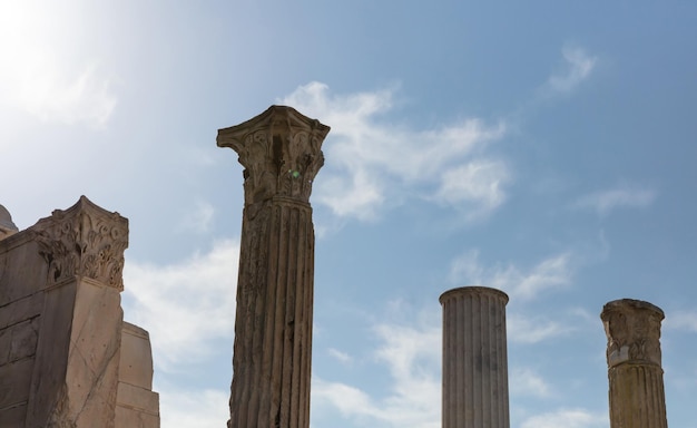 Athens Greece Hadrians library columns blue sky background sunny day Monastiraki area